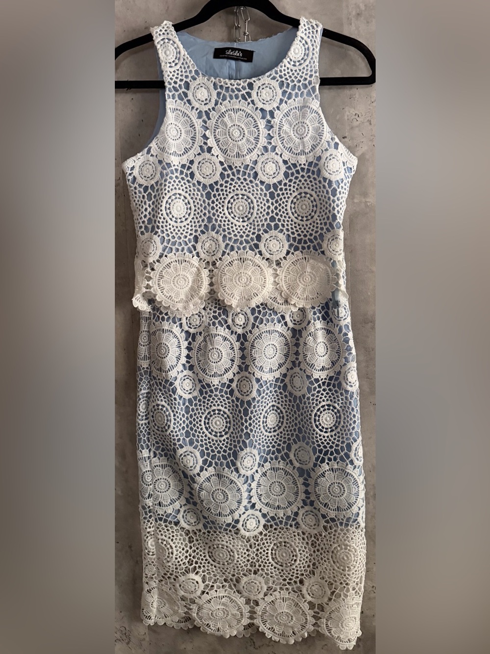 Lulus North Country Flair Blue White Lace 2pc Crop Top Skirt Set Small